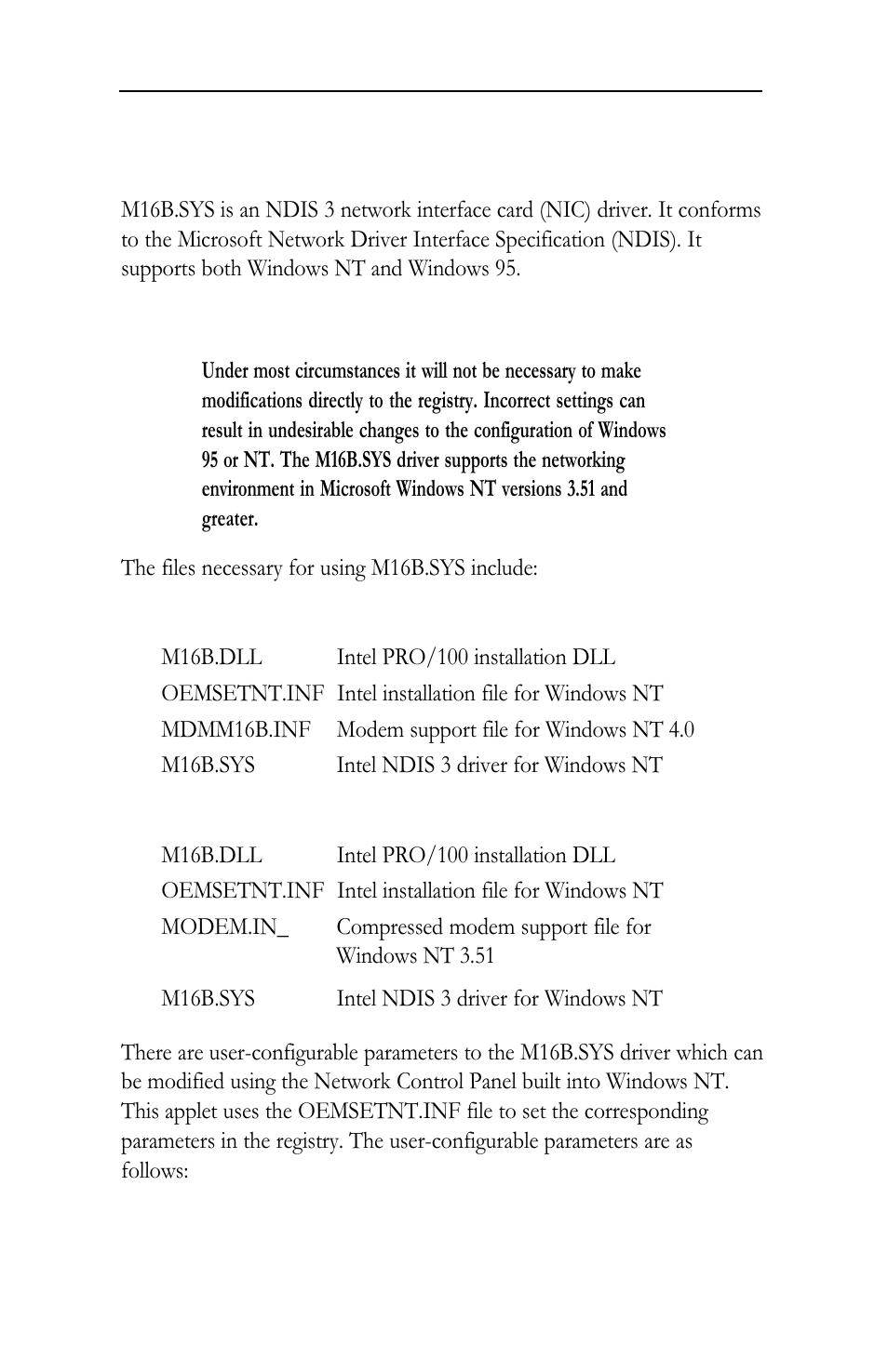 Windows nt driver parameters reference | Intel LAN+Modem56 PC Card PRO/100 User Manual | Page 36 / 178
