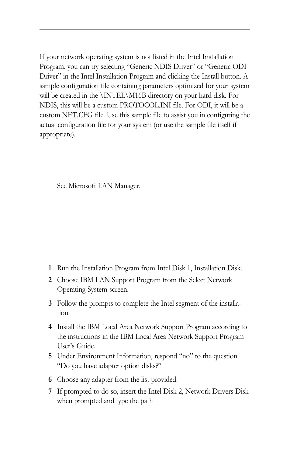 Generic installation, Hp lan manager, Ibm local area network support program | Intel LAN+Modem56 PC Card PRO/100 User Manual | Page 54 / 178