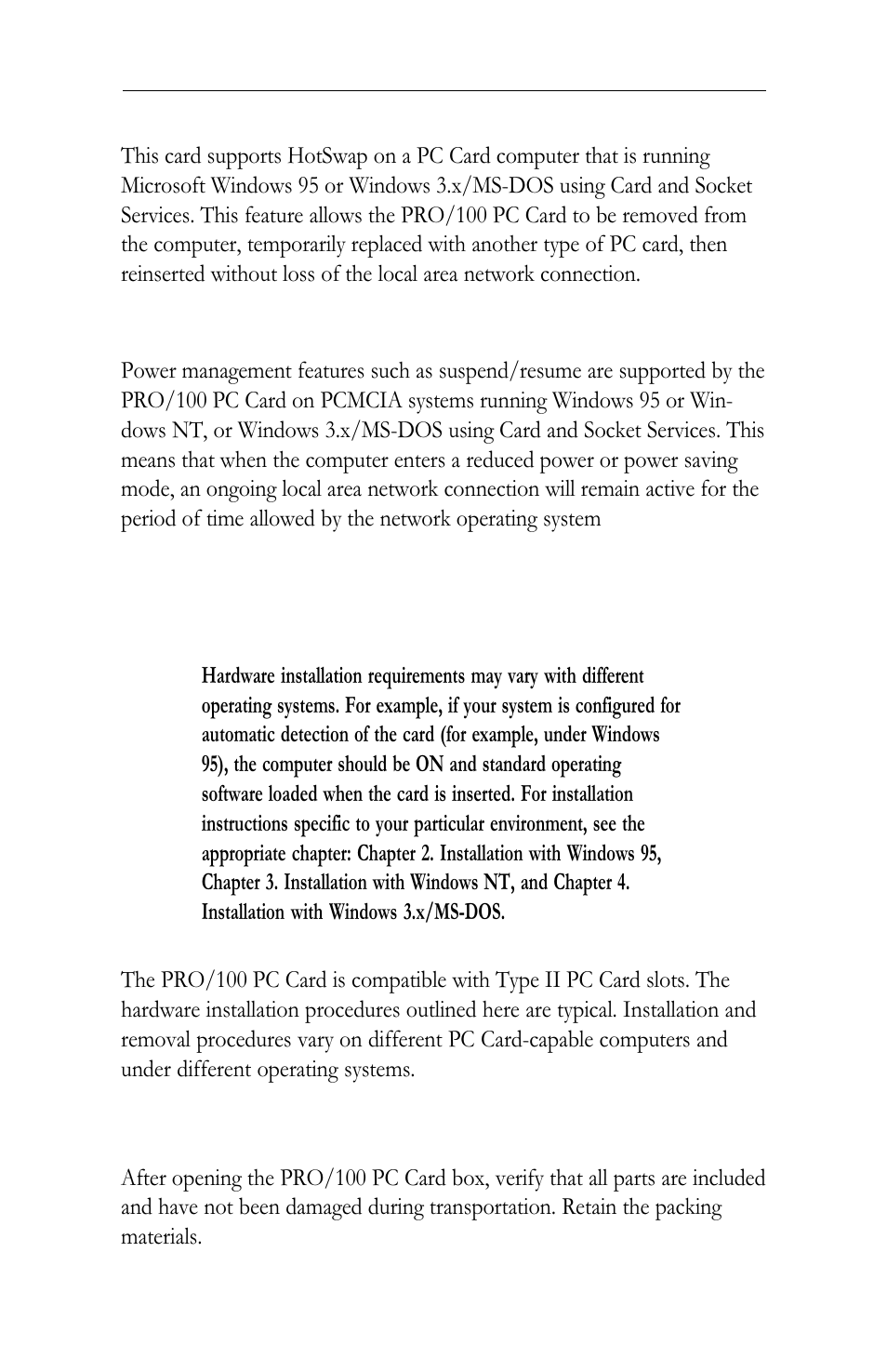 Windows nt 4.0 installation, Windows nt 4.0 installation -3, Hardware installation | Unpacking and inspection | Intel LAN+Modem56 PC Card PRO/100 User Manual | Page 7 / 178