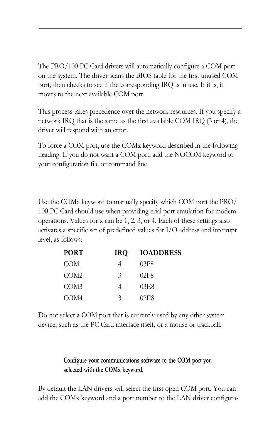 Com ports, irqs, and i/o base addresses | Intel LAN+Modem56 PC Card PRO/100 User Manual | Page 71 / 178