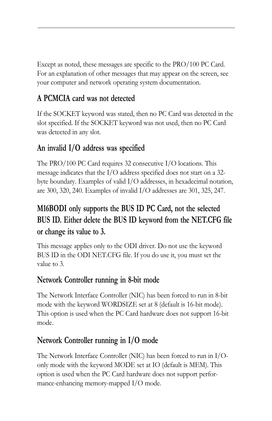 Error messages for windows 3.x and ms-dos drivers, A pcmcia card was not detected, An invalid i/o address was specified | Network controller running in 8-bit mode, Network controller running in i/o mode | Intel LAN+Modem56 PC Card PRO/100 User Manual | Page 85 / 178