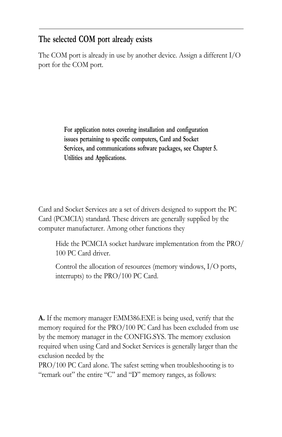 The selected com port already exists, Windows 3.x troubleshooting | Intel LAN+Modem56 PC Card PRO/100 User Manual | Page 89 / 178