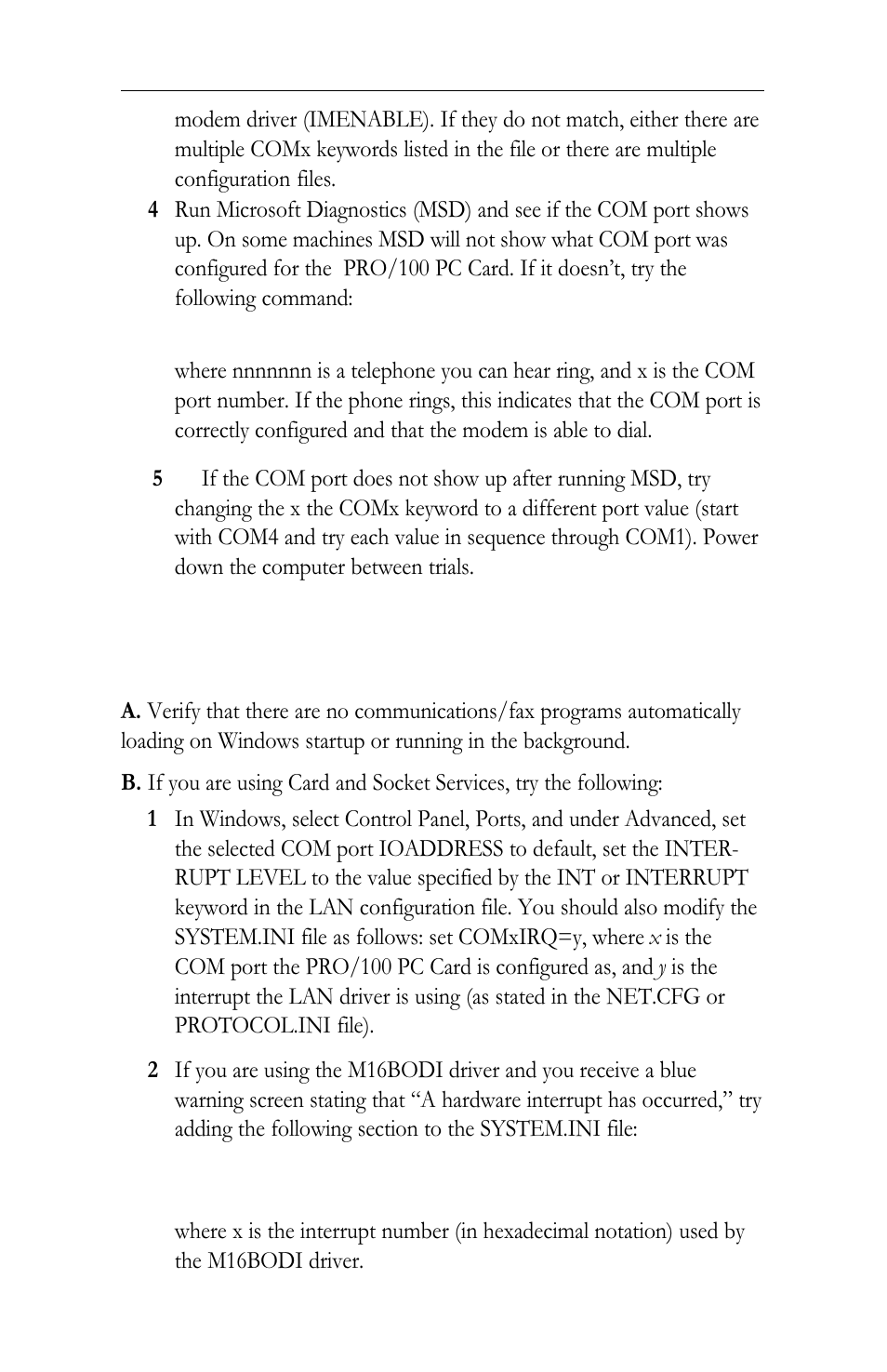 The modem works in dos, but not in windows | Intel LAN+Modem56 PC Card PRO/100 User Manual | Page 96 / 178
