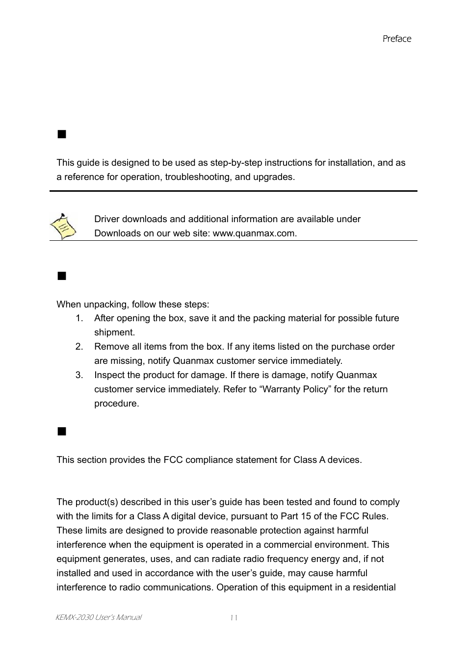 Preface, How to use this guide, Unpacking | Regulatory compliance statements, Regulatory, Compliance statements | Intel KEMX-2030 User Manual | Page 11 / 60