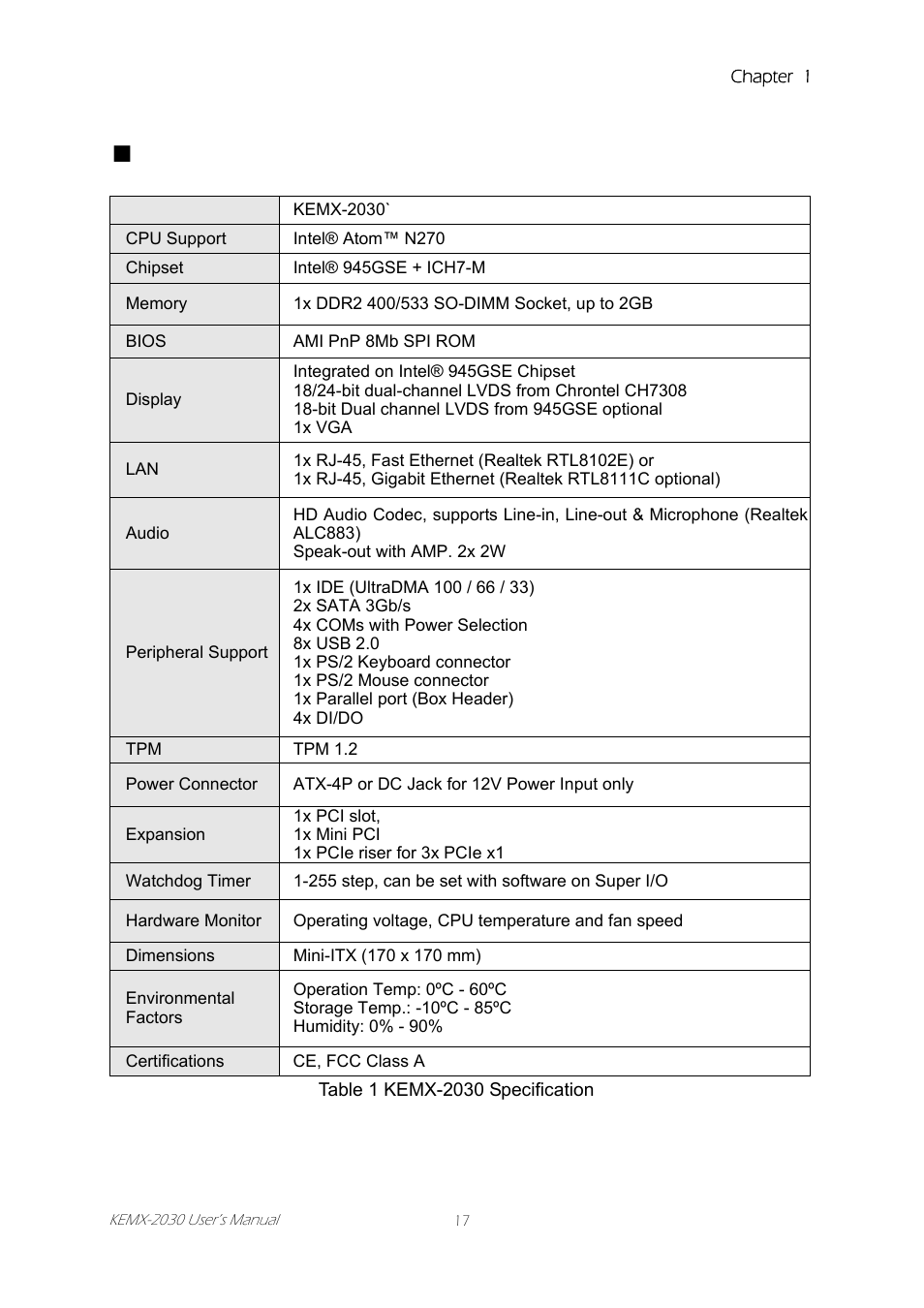 Product specifications, Product, Specifications | Table 1 kemx-2030 specification | Intel KEMX-2030 User Manual | Page 17 / 60