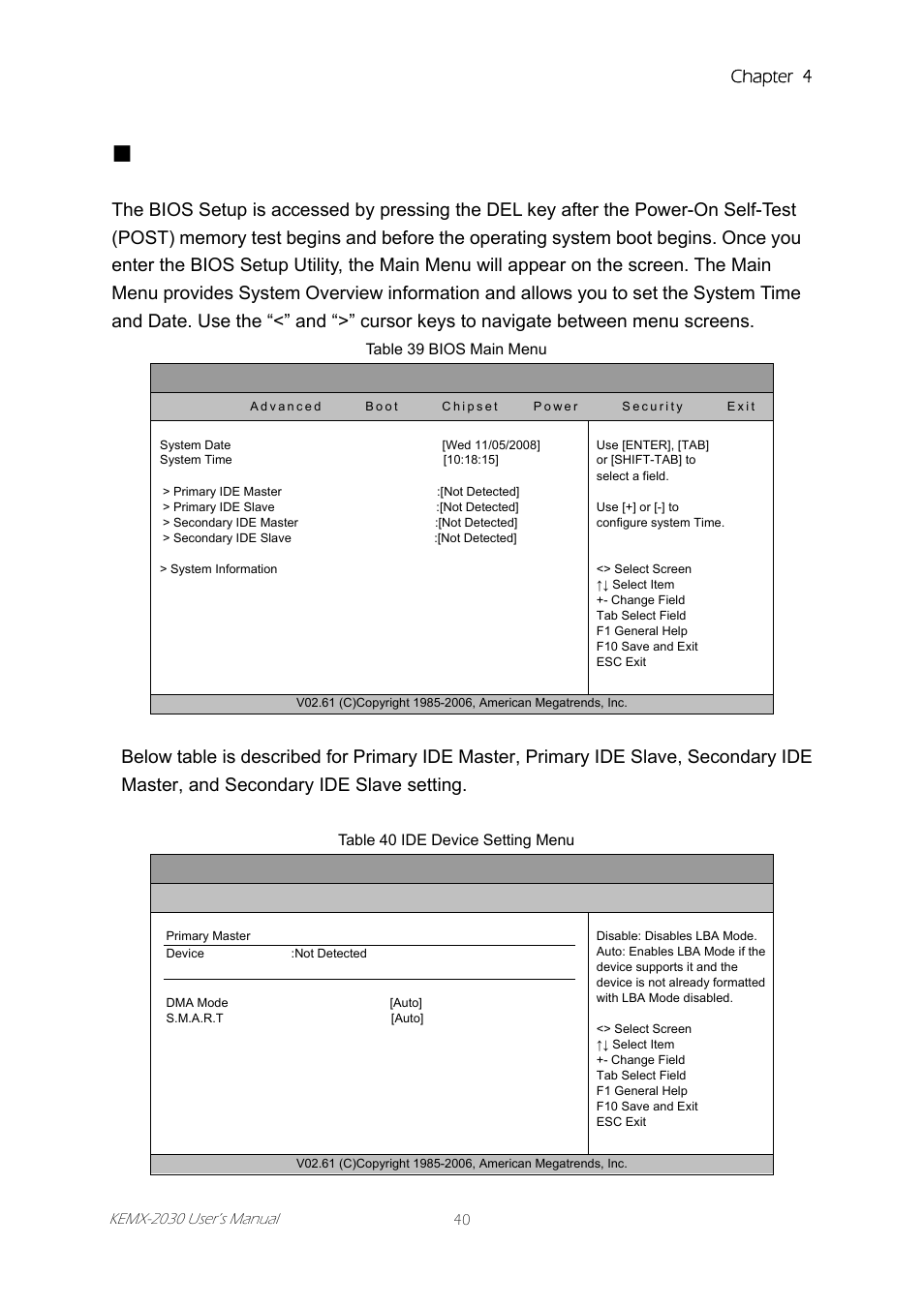 Main menu, Main, Menu | Chapter 4 | Intel KEMX-2030 User Manual | Page 40 / 60