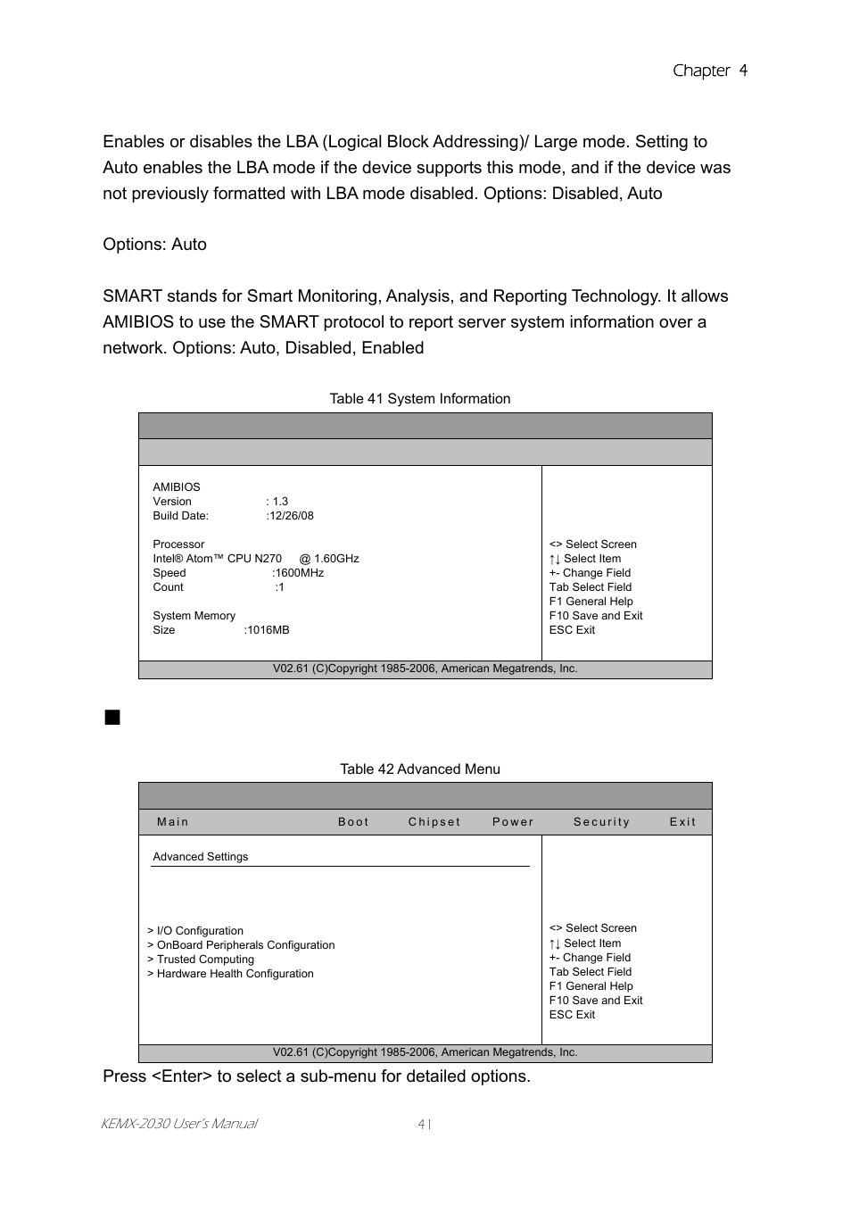 Advanced menu, Table 41 system information table 42 advanced menu, Chapter 4 | Intel KEMX-2030 User Manual | Page 41 / 60