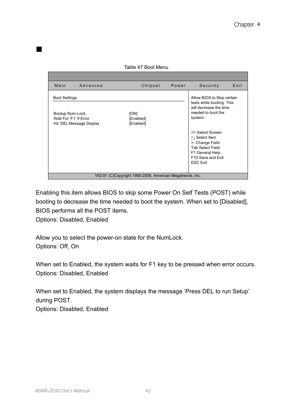 Boot menu, Boot, Menu | Table 47 boot menu | Intel KEMX-2030 User Manual | Page 45 / 60
