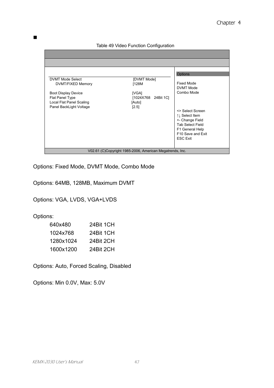 Table 49 video function configuration | Intel KEMX-2030 User Manual | Page 47 / 60