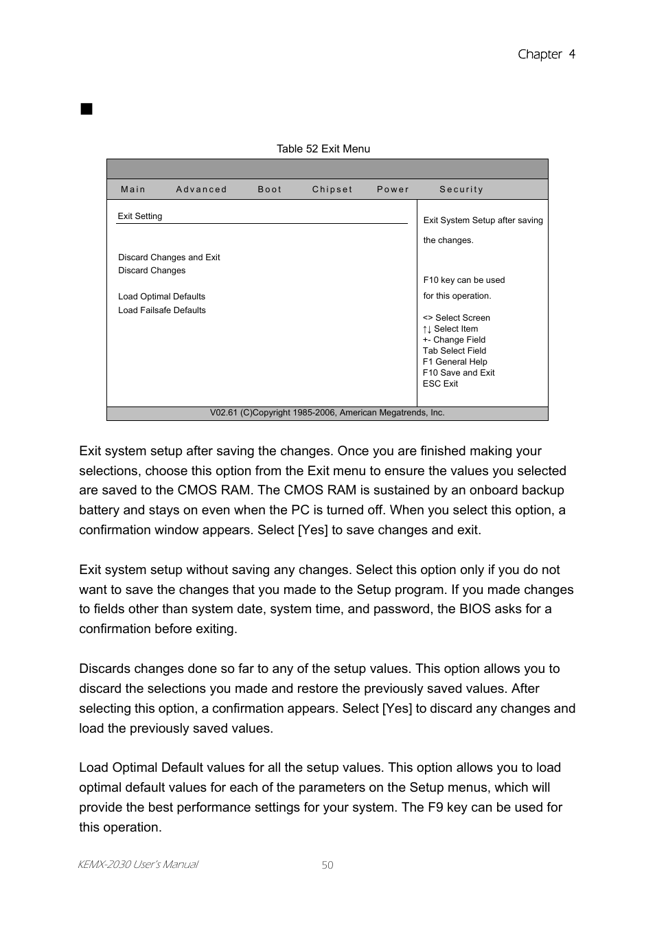 Exit menu, Exit, Menu | Table 52 exit menu, Chapter 4 | Intel KEMX-2030 User Manual | Page 50 / 60