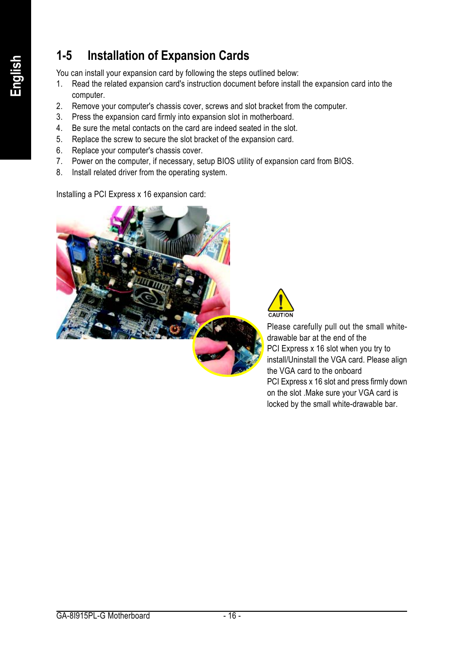 English, 5 installation of expansion cards | Intel GA-8I915PL-G User Manual | Page 16 / 80