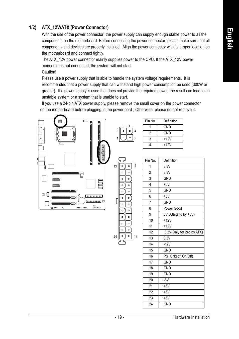 English, 1/2) atx_12v/atx (power connector) | Intel GA-8I915PL-G User Manual | Page 19 / 80