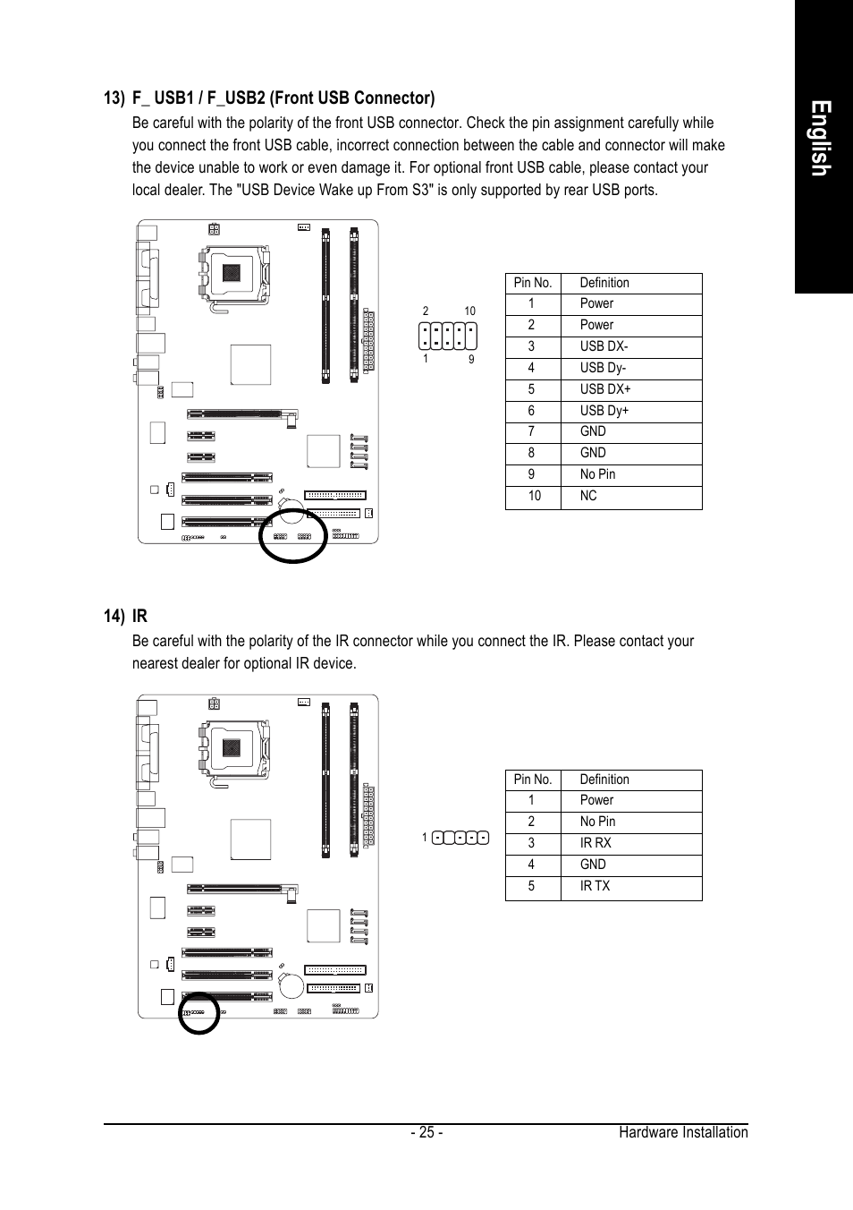 English, 14) ir, 13) f_ usb1 / f_usb2 (front usb connector) | Intel GA-8I915PL-G User Manual | Page 25 / 80