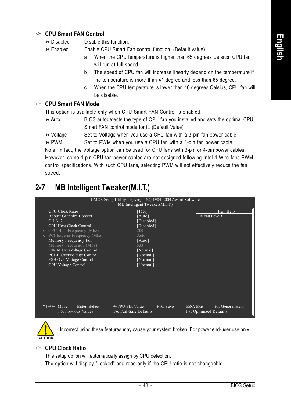 English, 7 mb intelligent tweaker(m.i.t.), Cpu smart fan control | Cpu smart fan mode, Cpu clock ratio | Intel GA-8I915PL-G User Manual | Page 43 / 80