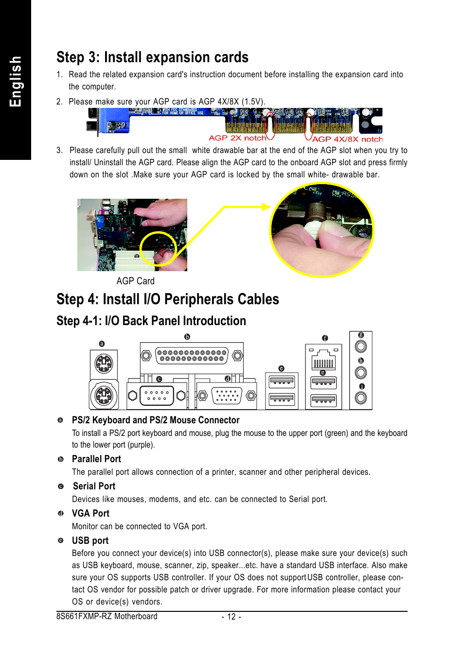 English step 3: install expansion cards, Step 4: install i/o peripherals cables, Step 4-1: i/o back panel introduction | GIGABYTE 8S661FXMP-RZ User Manual | Page 12 / 40