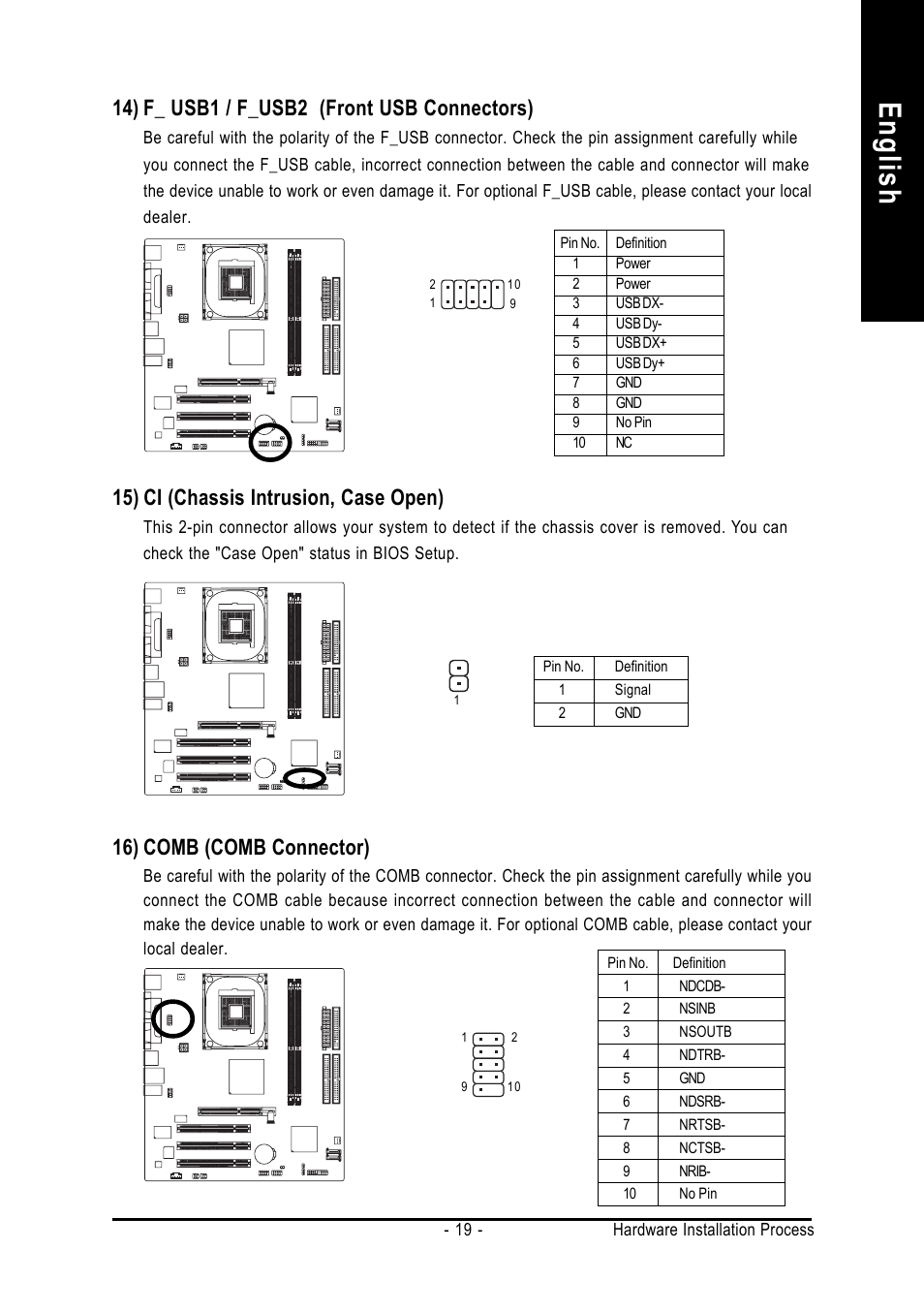 English, 14) f_ usb1 / f_usb2 (front usb connectors), 16) comb (comb connector) | 15) ci (chassis intrusion, case open) | GIGABYTE 8S661FXMP-RZ User Manual | Page 19 / 40