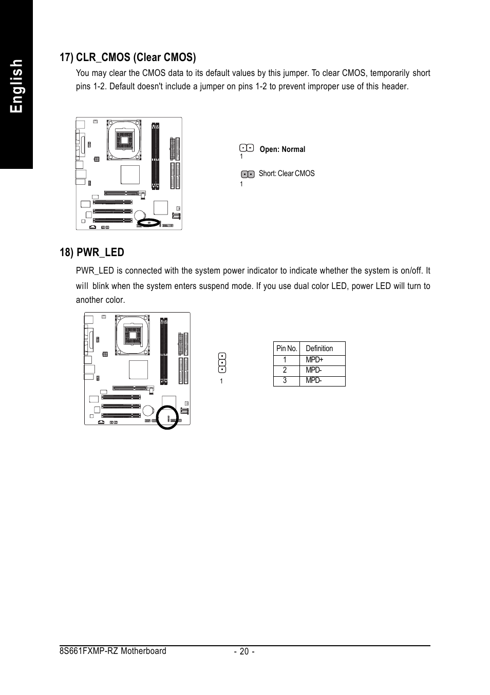 English, 18) pwr_led, 17) clr_cmos (clear cmos) | GIGABYTE 8S661FXMP-RZ User Manual | Page 20 / 40