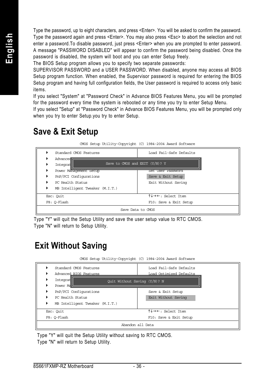 English exit without saving save & exit setup | GIGABYTE 8S661FXMP-RZ User Manual | Page 36 / 40