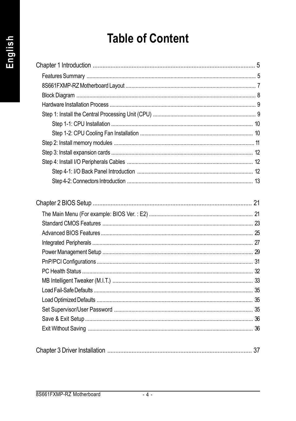 Table of content, English | GIGABYTE 8S661FXMP-RZ User Manual | Page 4 / 40
