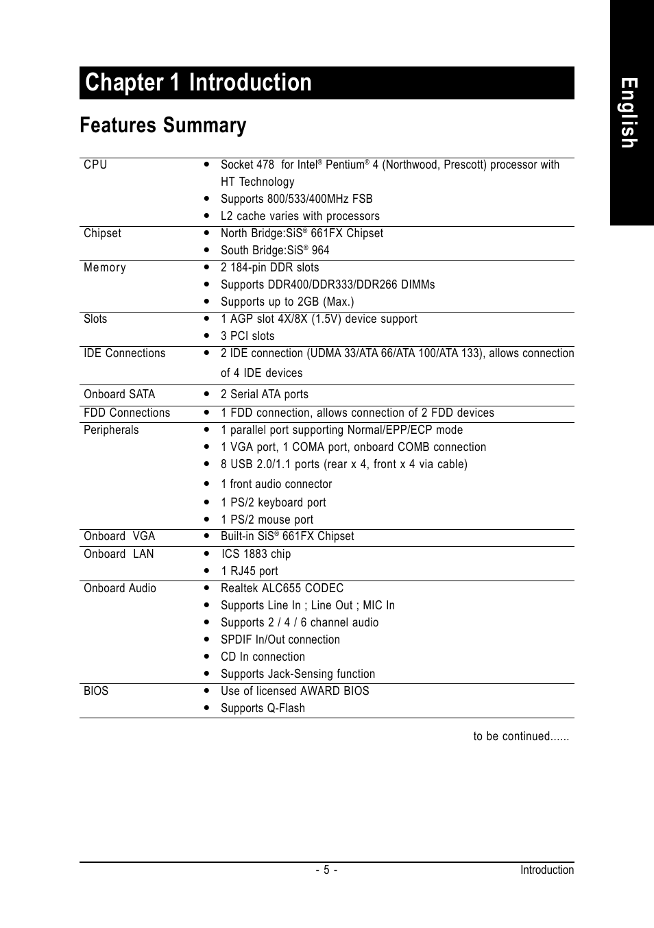 Chapter 1 introduction, English, Features summary | GIGABYTE 8S661FXMP-RZ User Manual | Page 5 / 40