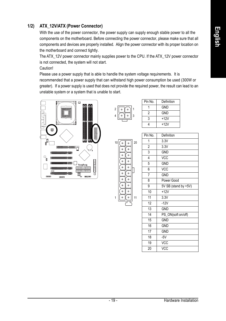 English, 1/2) atx_12v/atx (power connector) | Intel GA-8IPE1000 User Manual | Page 19 / 80