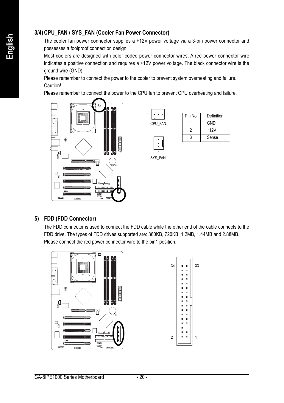 English, 5) fdd (fdd connector) | Intel GA-8IPE1000 User Manual | Page 20 / 80