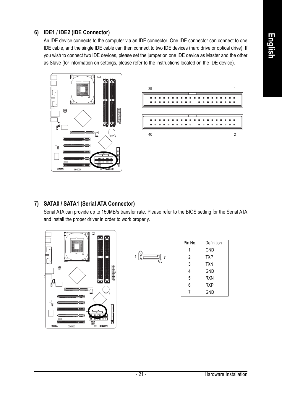 English, 6) ide1 / ide2 (ide connector), 7) sata0 / sata1 (serial ata connector) | Intel GA-8IPE1000 User Manual | Page 21 / 80
