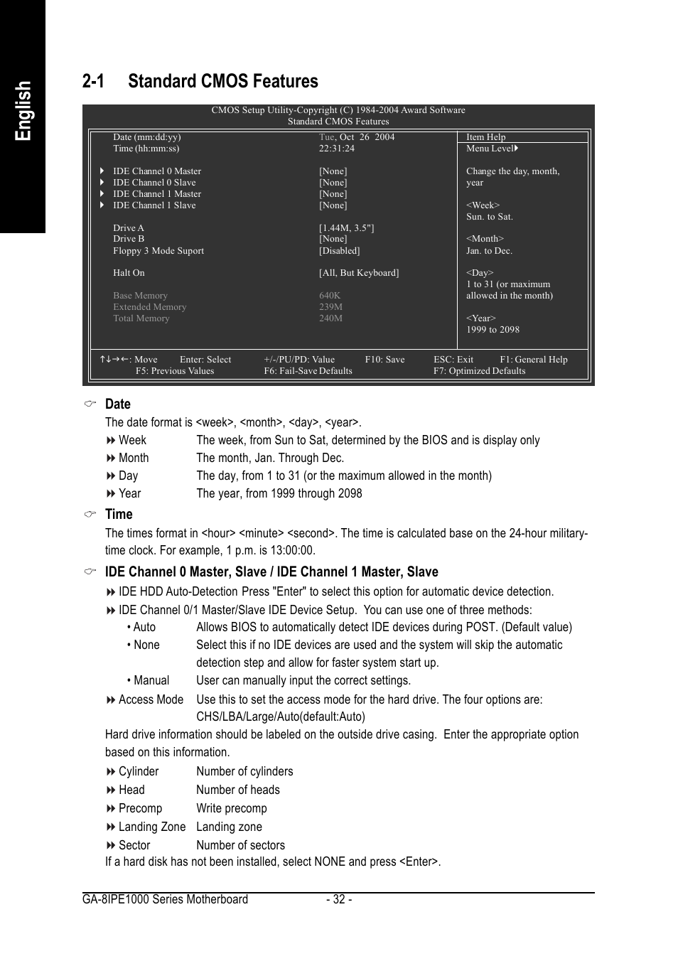 English, 1 standard cmos features, Date | Time | Intel GA-8IPE1000 User Manual | Page 32 / 80
