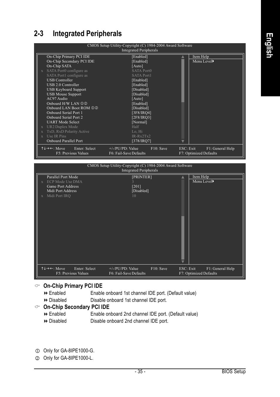 English, 3 integrated peripherals, On-chip primary pci ide | On-chip secondary pci ide, Bios setup - 35 | Intel GA-8IPE1000 User Manual | Page 35 / 80