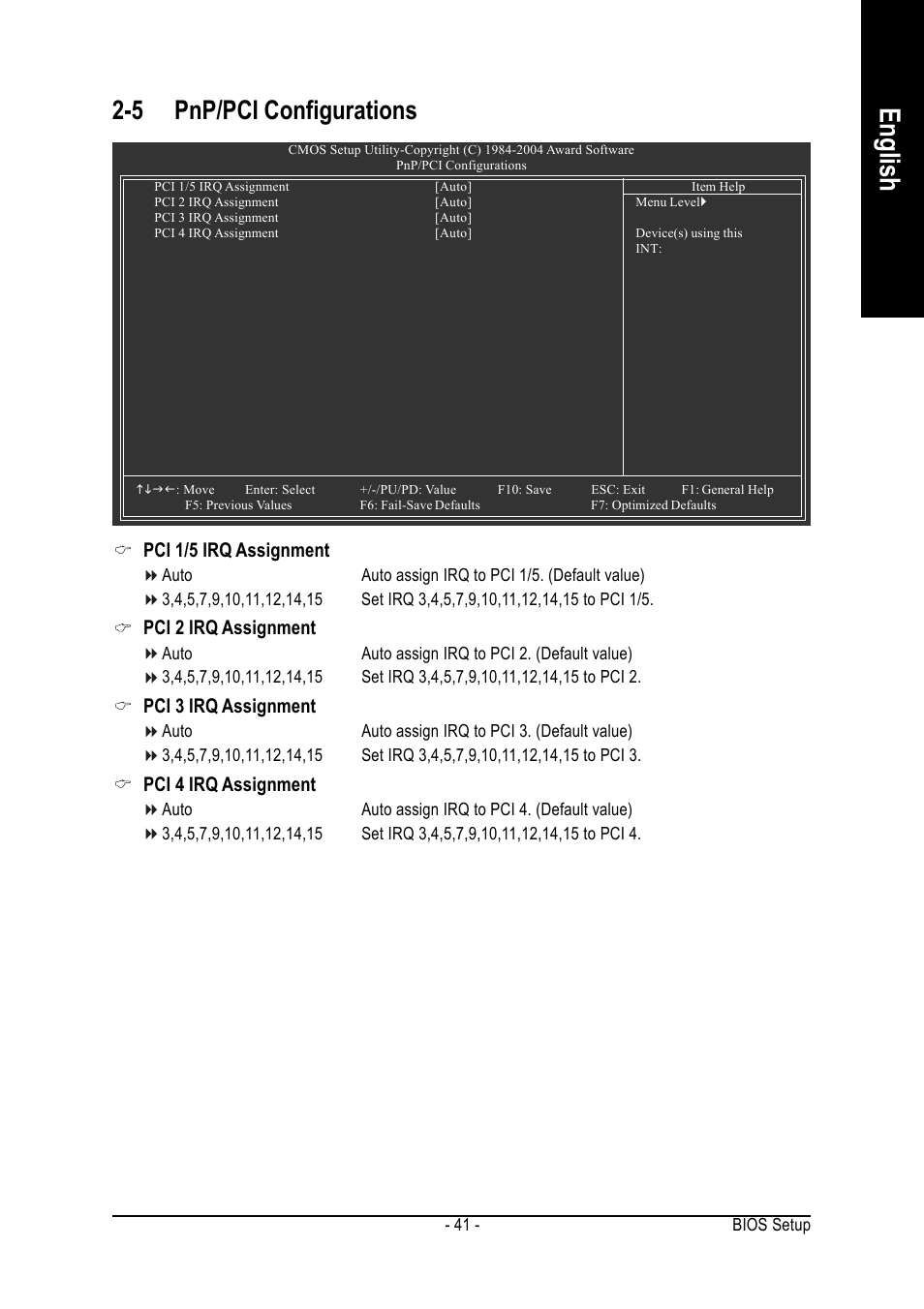 English, 5 pnp/pci configurations, Pci 1/5 irq assignment | Pci 2 irq assignment, Pci 3 irq assignment, Pci 4 irq assignment | Intel GA-8IPE1000 User Manual | Page 41 / 80