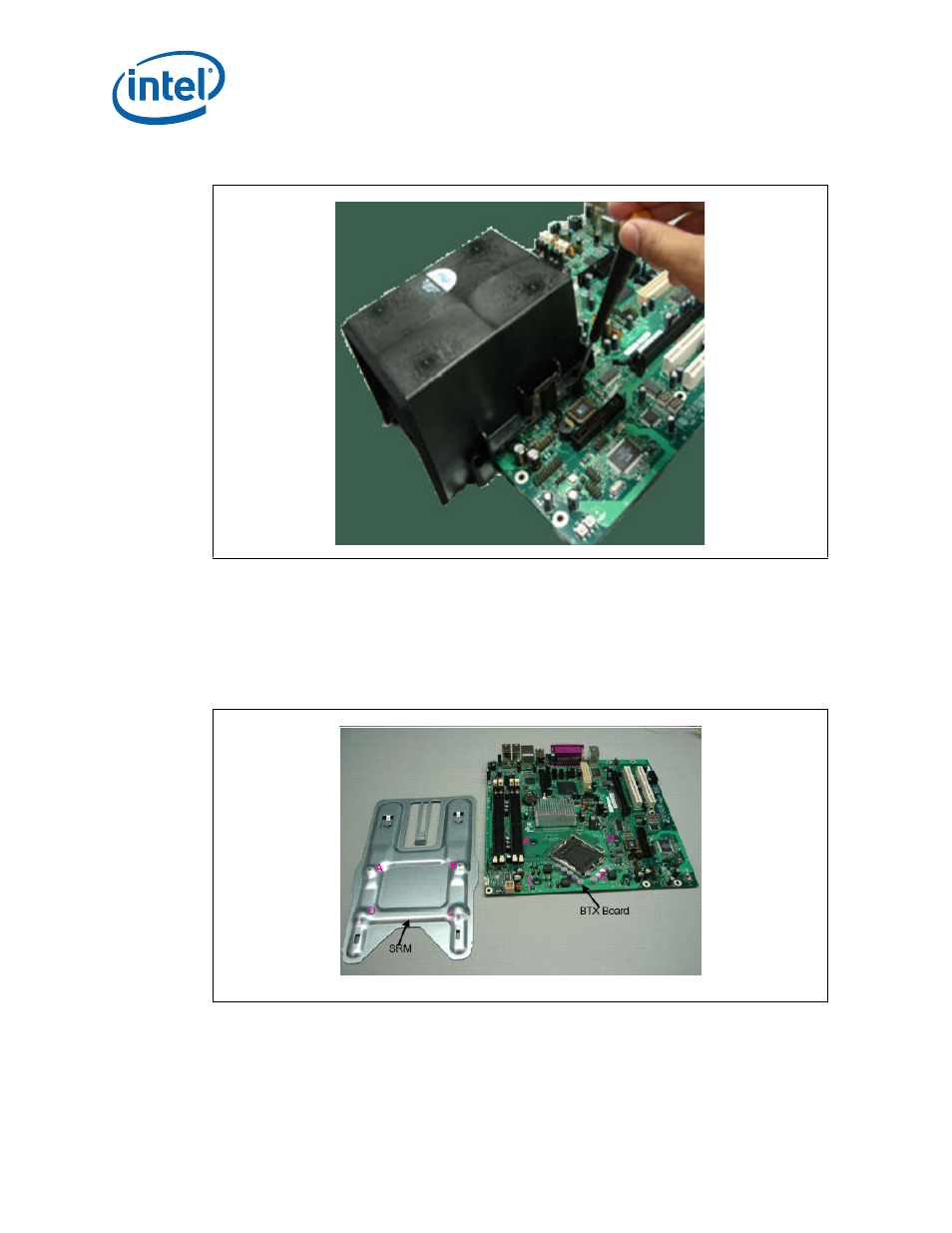 Figure 18. mounting the standoff for btx heatsink, 3 btx heatsink setup with srm, Note: srm is not included in this development kits | 1 srm alignment on any btx board, Btx heatsink setup with srm 3.3.1, Srm alignment on any btx board, Section 3.3, Figure 18 | Intel Core 2 Duo User Manual | Page 28 / 36