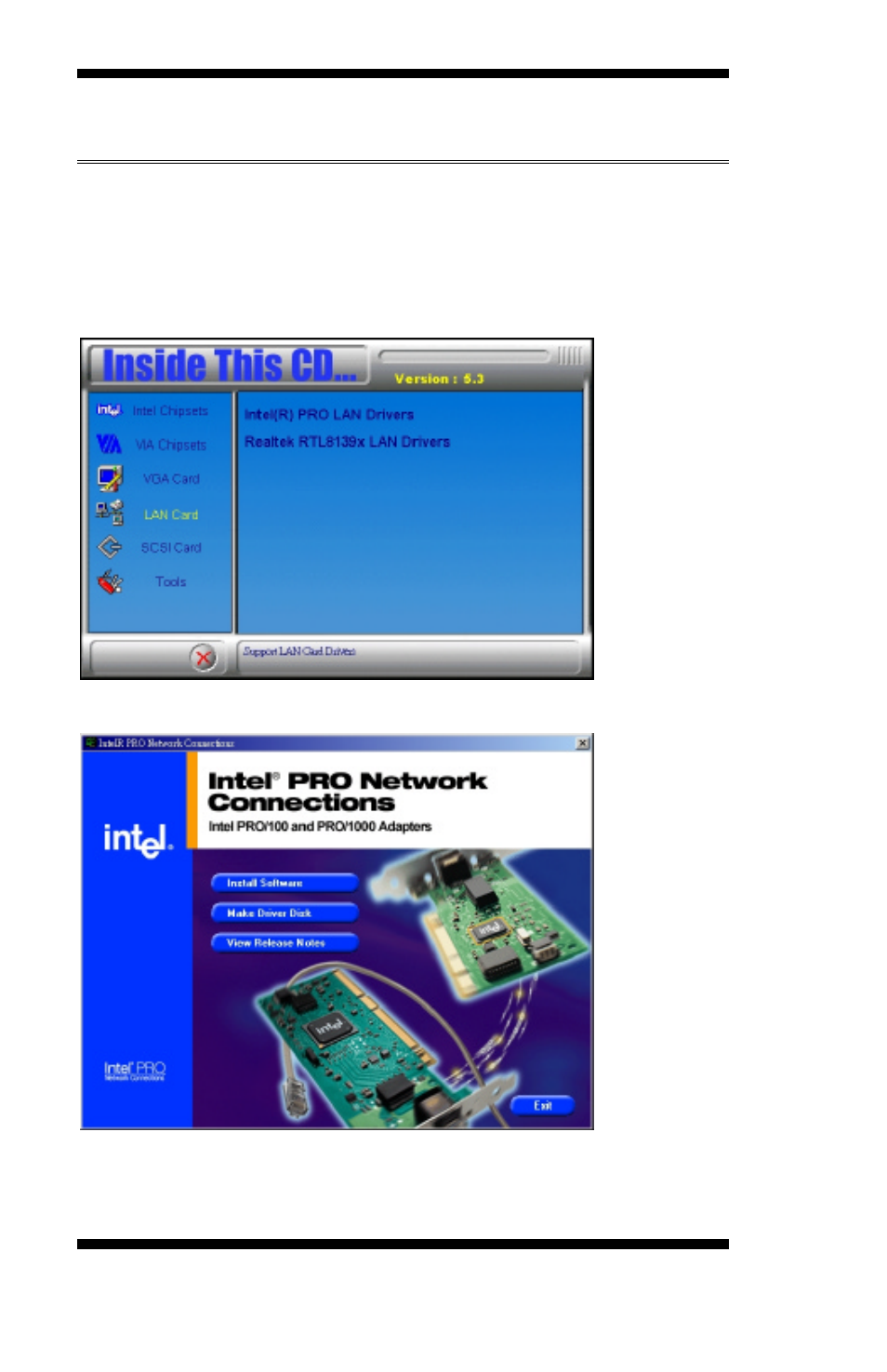Intel pro lan drivers installation, The intel, Pro lan drivers support both intel | Click install software to continue | Intel MB820 User Manual | Page 58 / 60