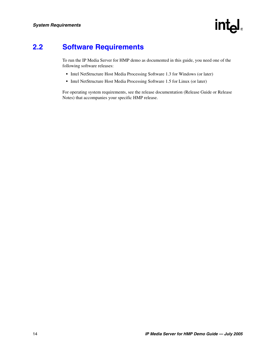 2 software requirements, Software requirements | Intel IP Media Server User Manual | Page 14 / 56