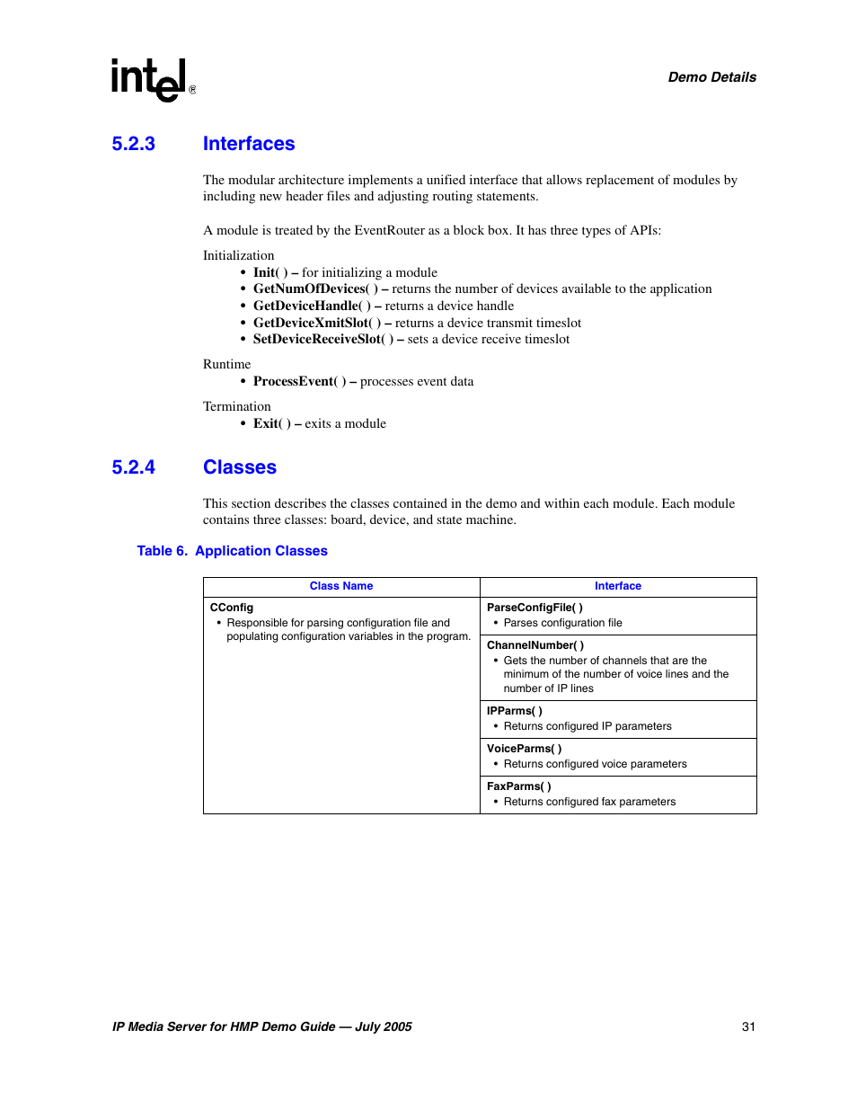 3 interfaces, 4 classes, Interfaces | Classes, Application classes | Intel IP Media Server User Manual | Page 31 / 56