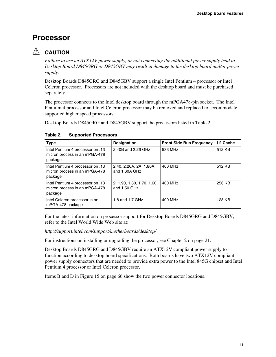 Processor | Intel D845GBV User Manual | Page 11 / 80