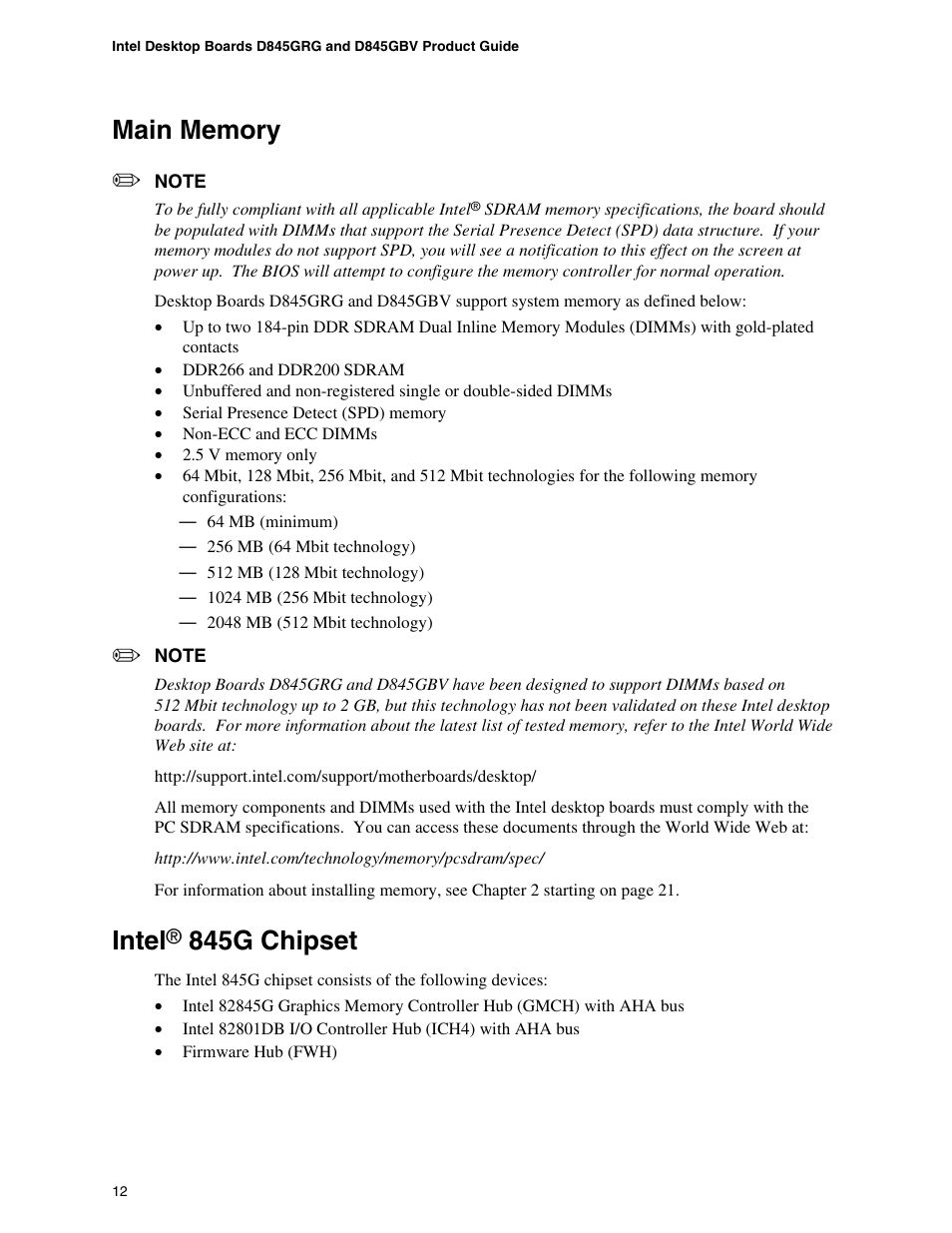 Main memory, Intel® 845g chipset, Intel | 845g chipset | Intel D845GBV User Manual | Page 12 / 80
