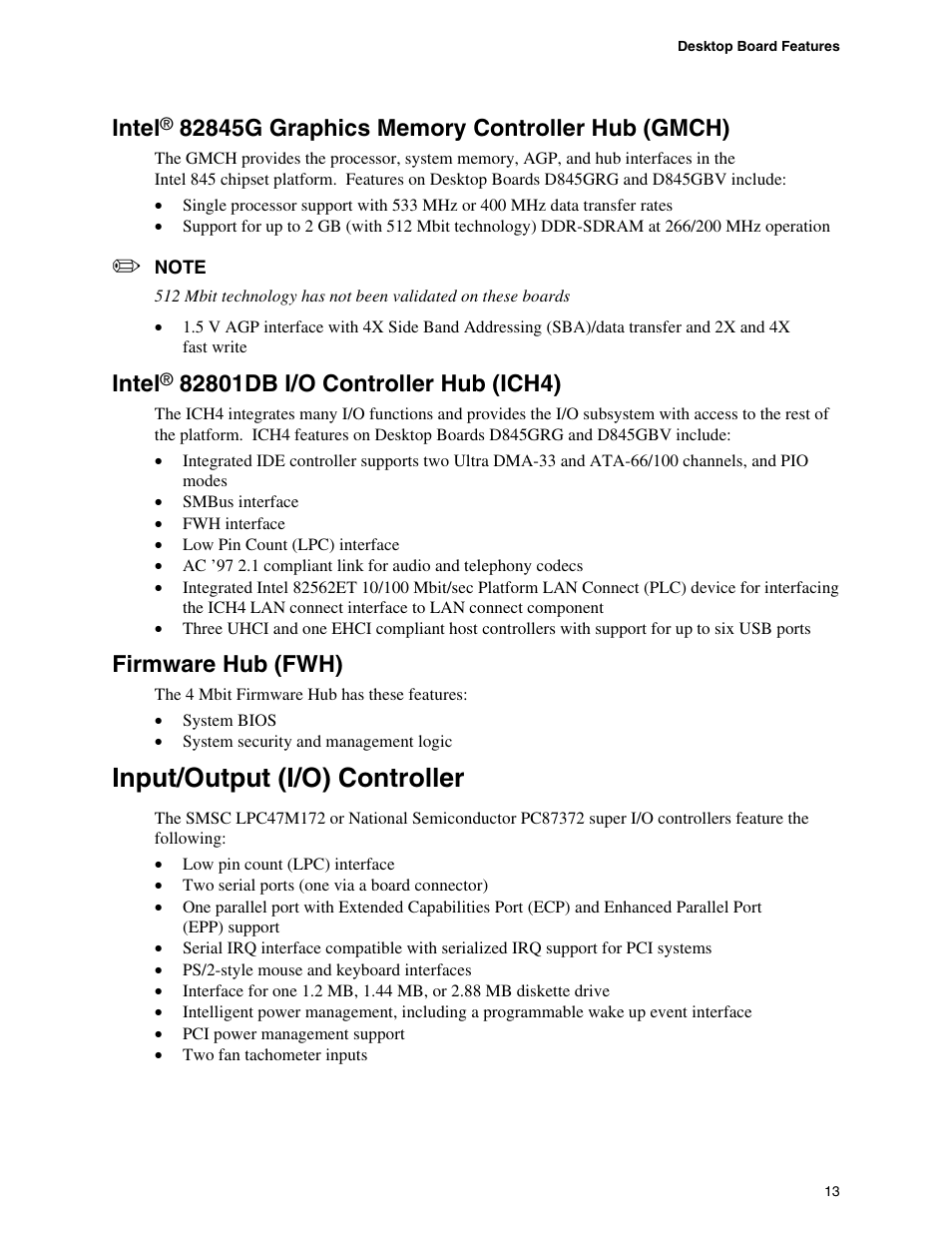 Intel® 82801db i/o controller hub (ich4), Firmware hub (fwh), Input/output (i/o) controller | Intel | Intel D845GBV User Manual | Page 13 / 80