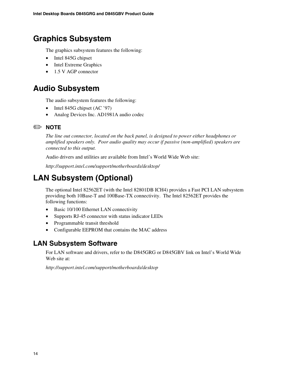 Graphics subsystem, Audio subsystem, Lan subsystem (optional) | Lan subsystem software | Intel D845GBV User Manual | Page 14 / 80