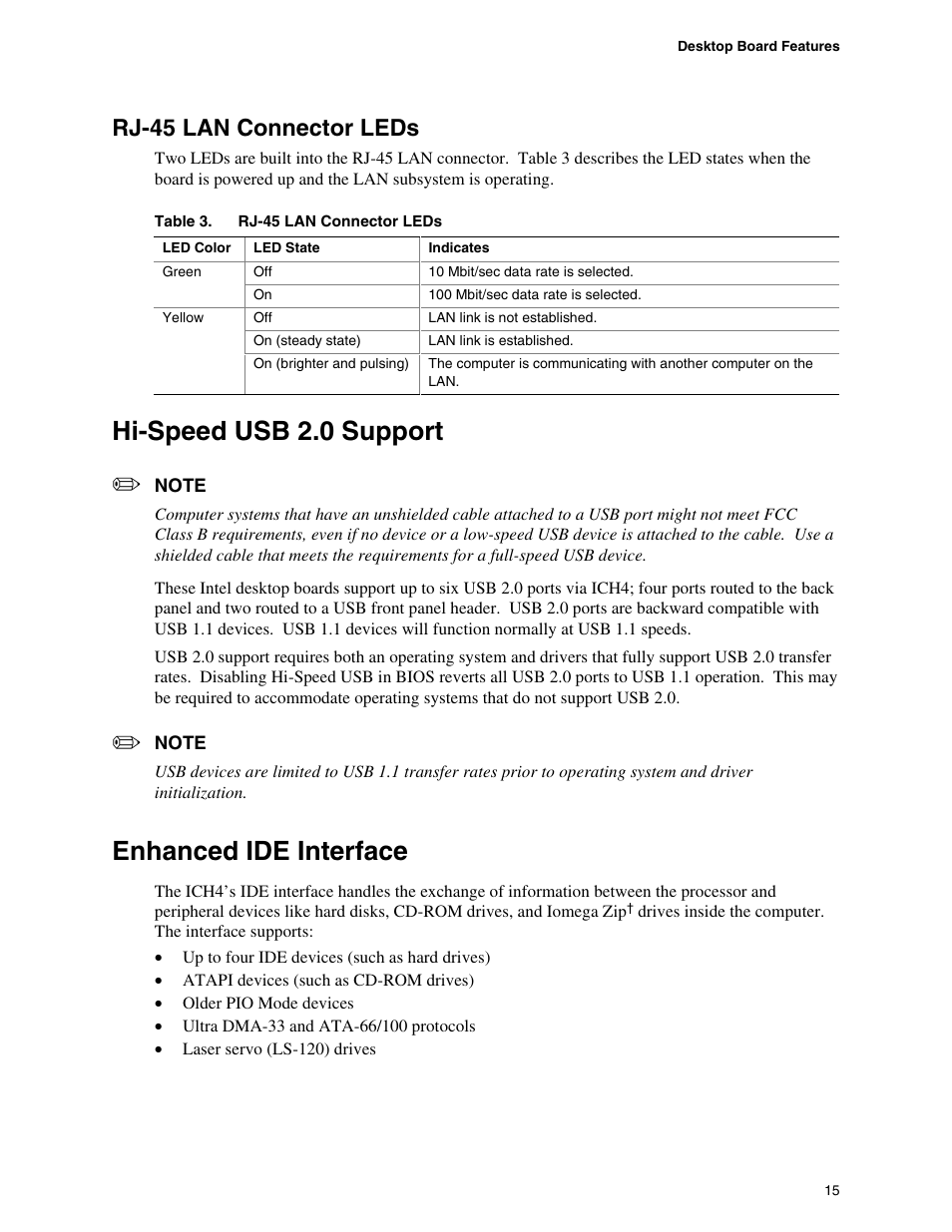Rj-45 lan connector leds, Hi-speed usb 2.0 support, Enhanced ide interface | Intel D845GBV User Manual | Page 15 / 80