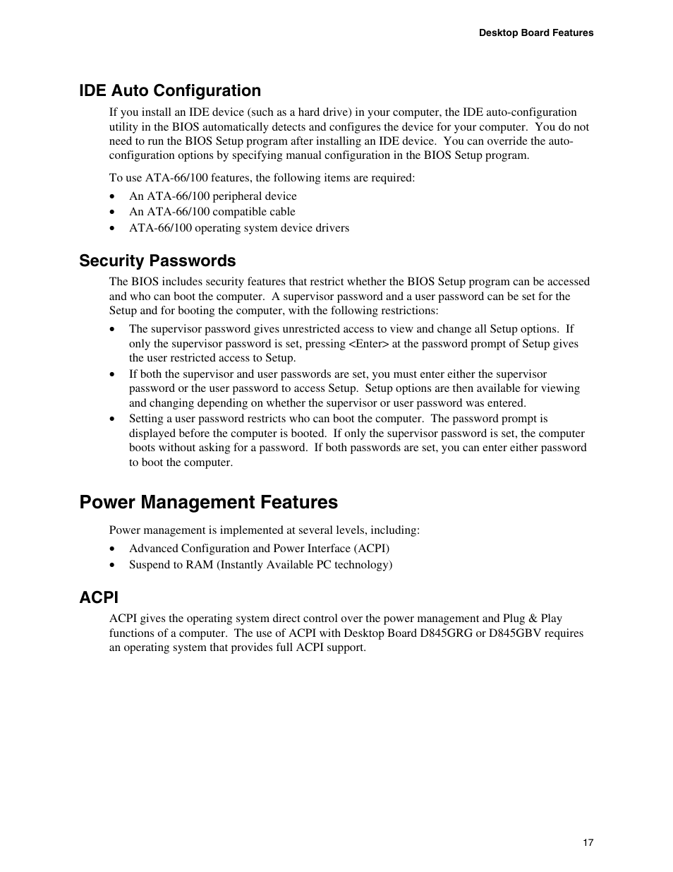 Ide auto configuration, Security passwords, Power management features | Acpi | Intel D845GBV User Manual | Page 17 / 80