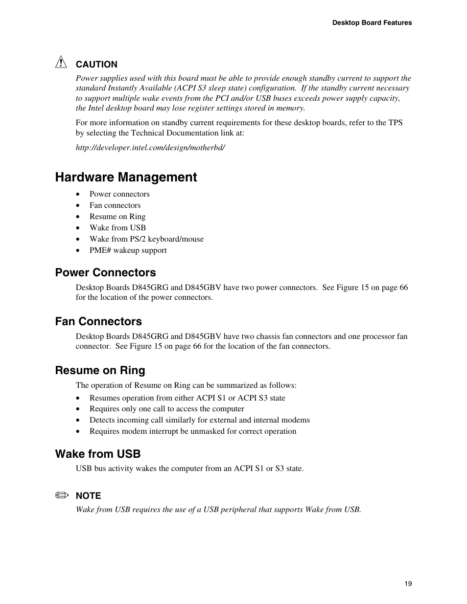 Hardware management, Power connectors, Fan connectors | Resume on ring, Wake from usb | Intel D845GBV User Manual | Page 19 / 80