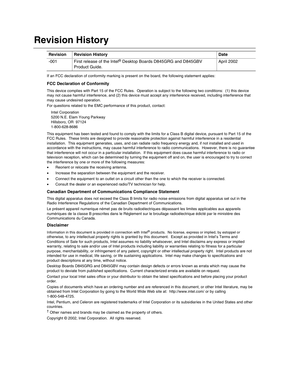 Revision history / disclaimer, Revision history | Intel D845GBV User Manual | Page 2 / 80
