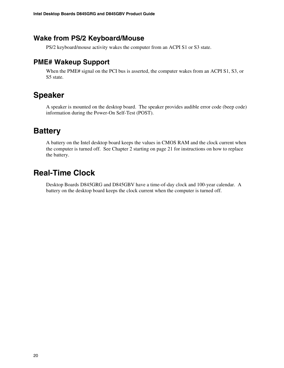 Wake from ps/2 keyboard/mouse, Pme# wakeup support, Speaker | Battery, Real-time clock | Intel D845GBV User Manual | Page 20 / 80