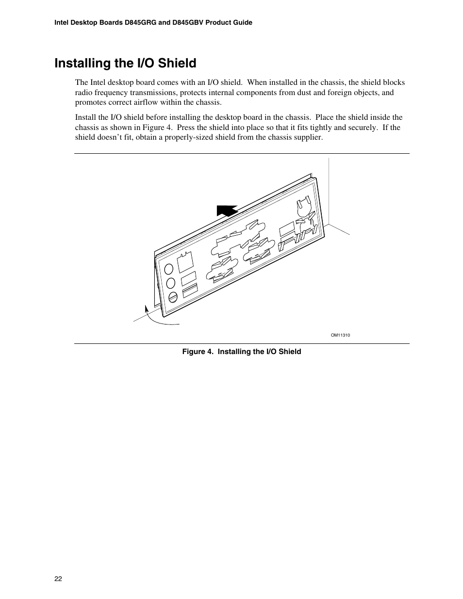Installing the i/o shield | Intel D845GBV User Manual | Page 22 / 80