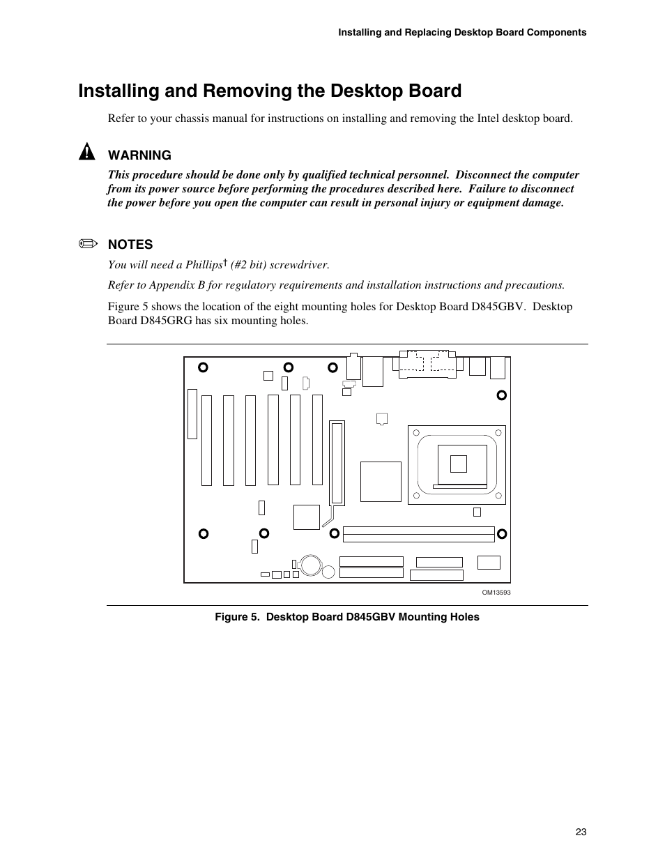 Installing and removing the desktop board | Intel D845GBV User Manual | Page 23 / 80