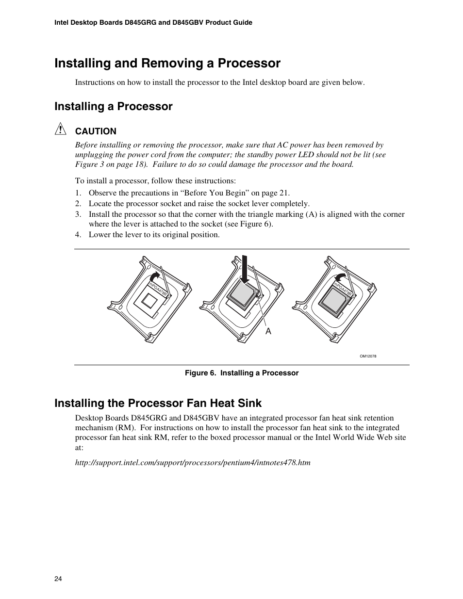 Installing and removing a processor, Installing a processor, Installing the processor fan heat sink | Intel D845GBV User Manual | Page 24 / 80