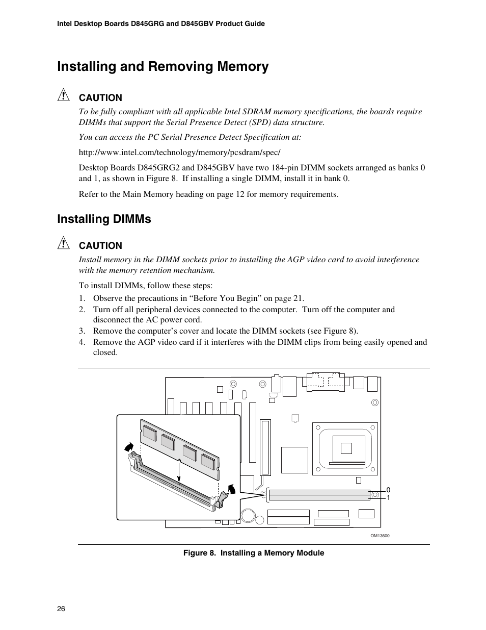 Installing and removing memory, Installing dimms | Intel D845GBV User Manual | Page 26 / 80