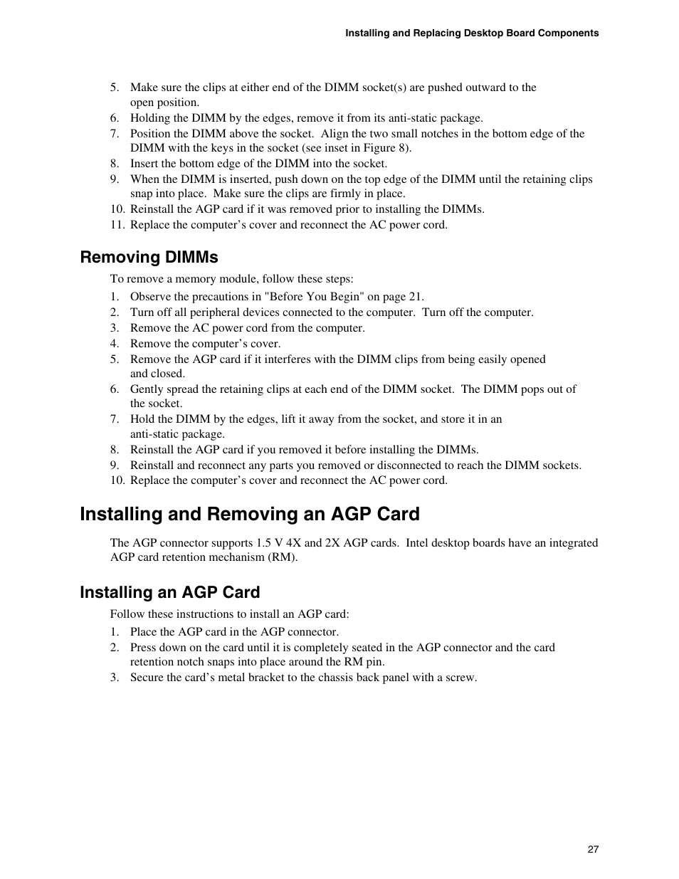 Removing dimms, Installing and removing an agp card, Installing an agp card | Intel D845GBV User Manual | Page 27 / 80