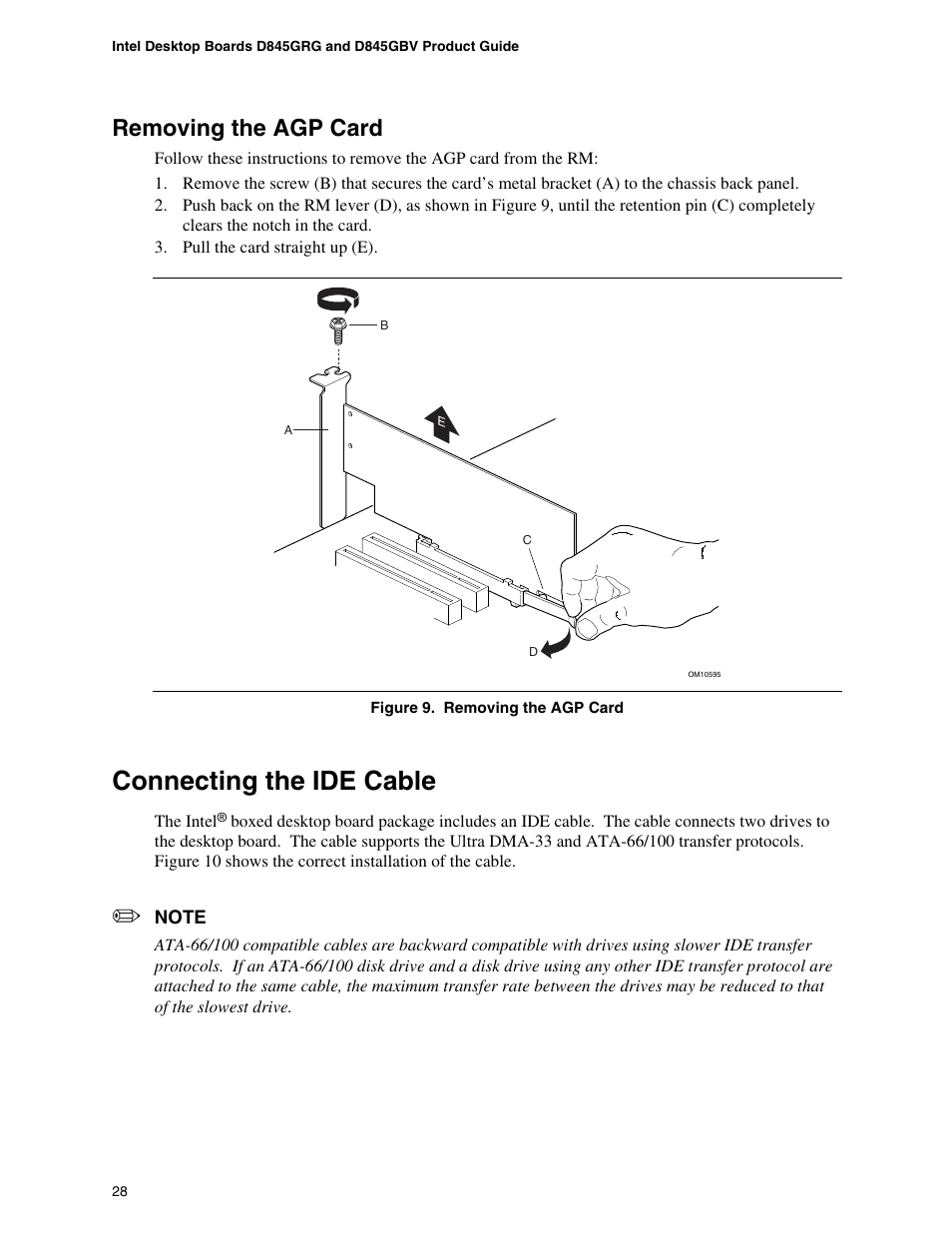 Removing the agp card, Connecting the ide cable | Intel D845GBV User Manual | Page 28 / 80