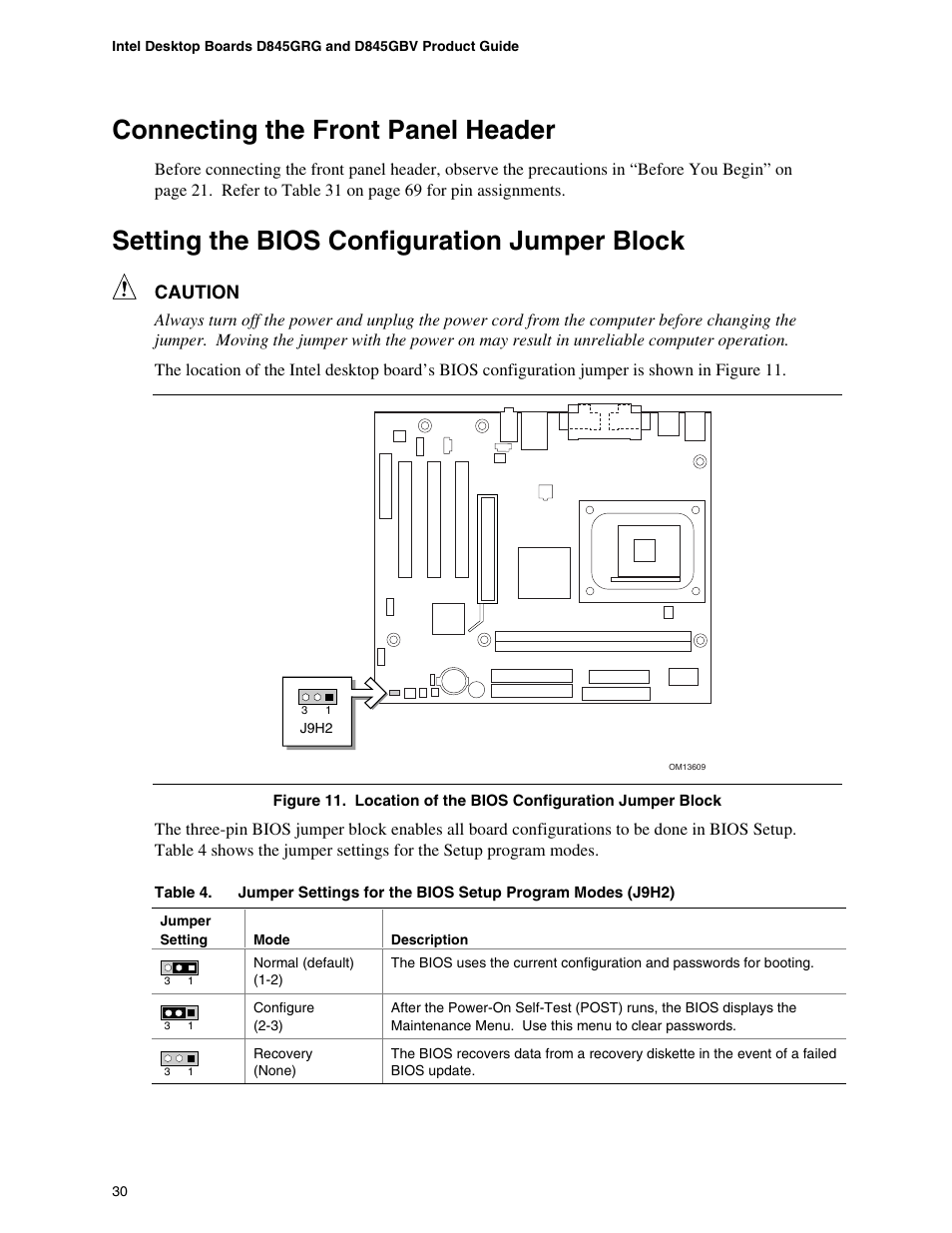 Connecting the front panel header, Setting the bios configuration jumper block, Caution | Intel D845GBV User Manual | Page 30 / 80
